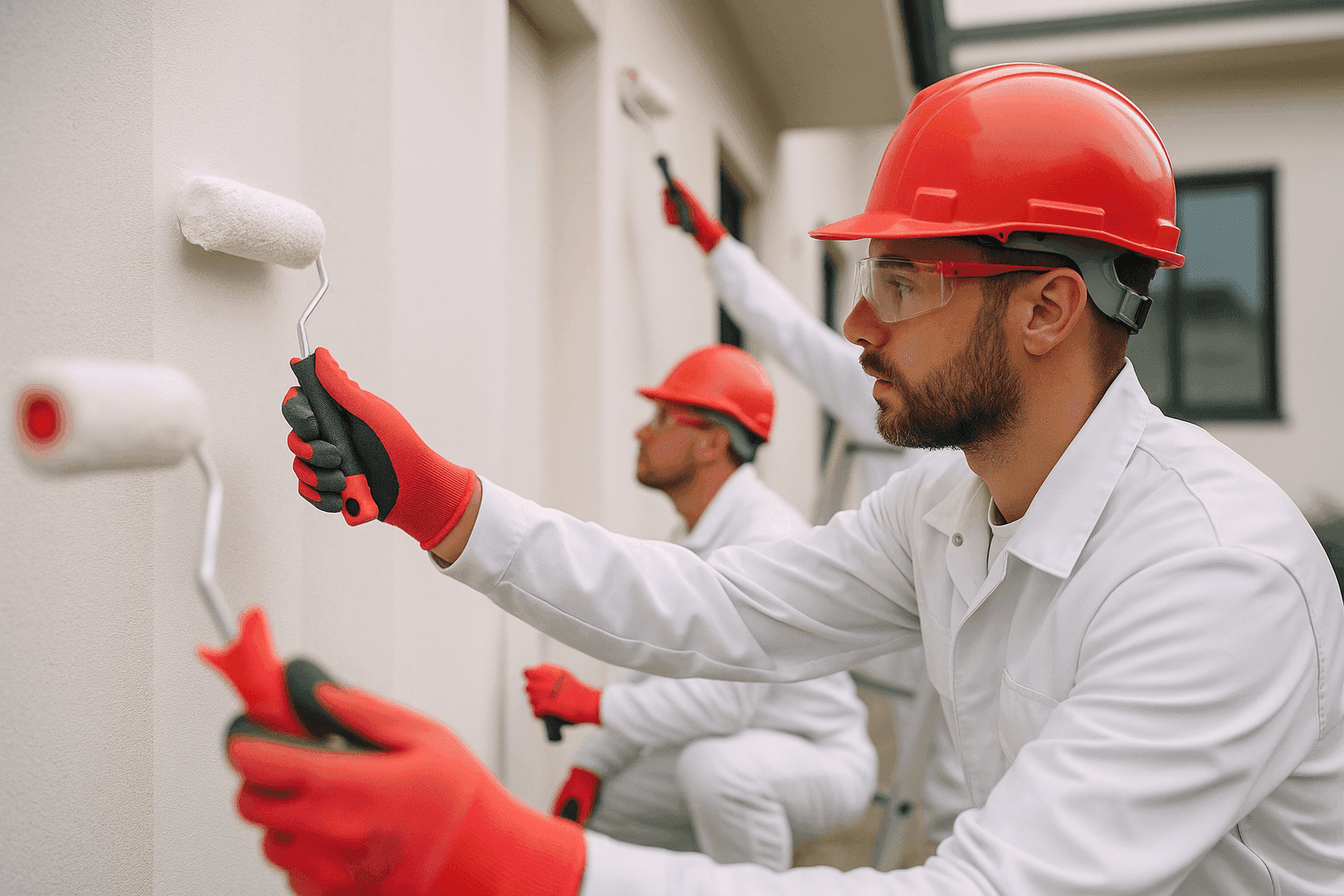 Professional painters wearing protective gear applying paint on a modern building exterior