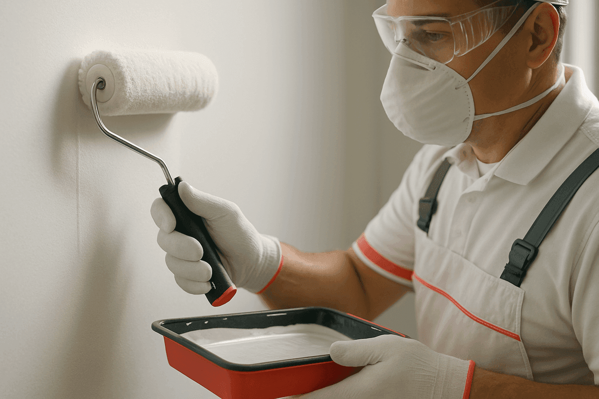 Close-up of painter's gloved hands applying white paint on interior wall with roller