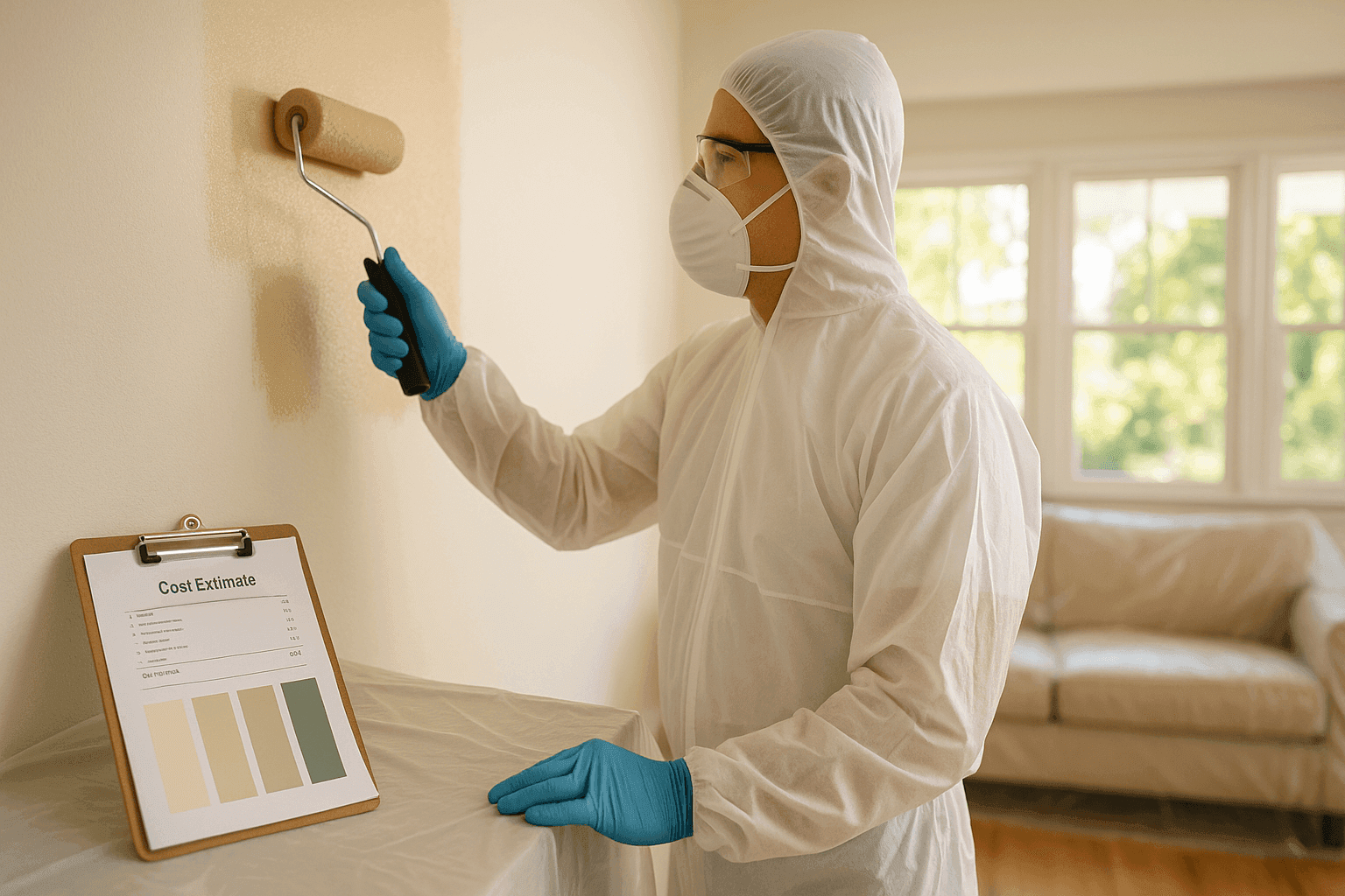 Painter applying fresh color to a living room wall with cost estimating tools nearby